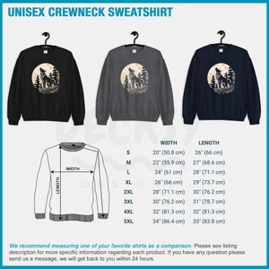 May include: Unisex crewneck sweatshirt with a wolf howling at the moon graphic. The sweatshirt is available in black, heather grey, and navy blue. The size chart shows the width and length measurements in inches and centimeters.