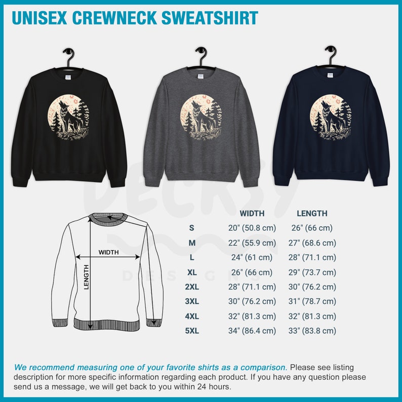 May include: Unisex crewneck sweatshirt with a wolf howling at the moon graphic. The sweatshirt is available in black, heather grey, and navy blue. The size chart shows the width and length measurements in inches and centimeters.