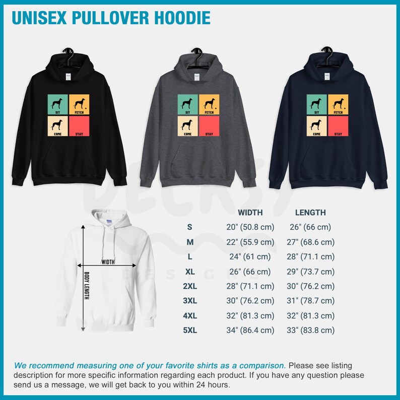 May include: A unisex pullover hoodie with a graphic of a dog and the words "Sit, Come, Fetch, Stay". The hoodie is available in black, grey, and navy blue. The size chart shows the width and length of the hoodie in inches and centimeters.