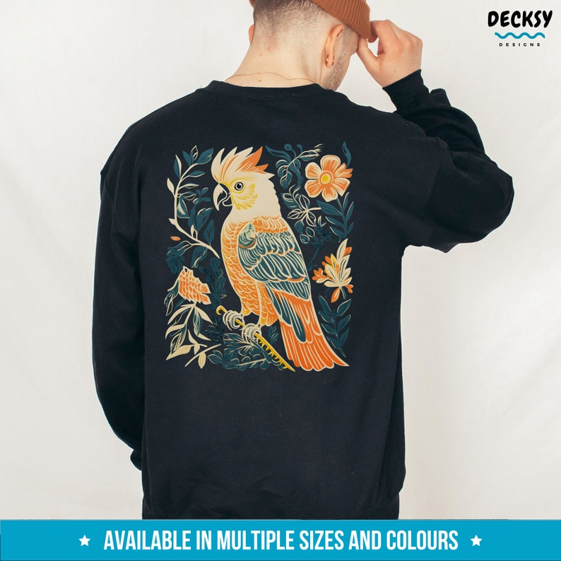 Cockatoo Hoodie, Parrot Sweatshirt, Bird Lover Gift, Australian Birds Back Print Hoodie, Floral Shirt Sulphur Crested White Cockatoo Sweater image 9