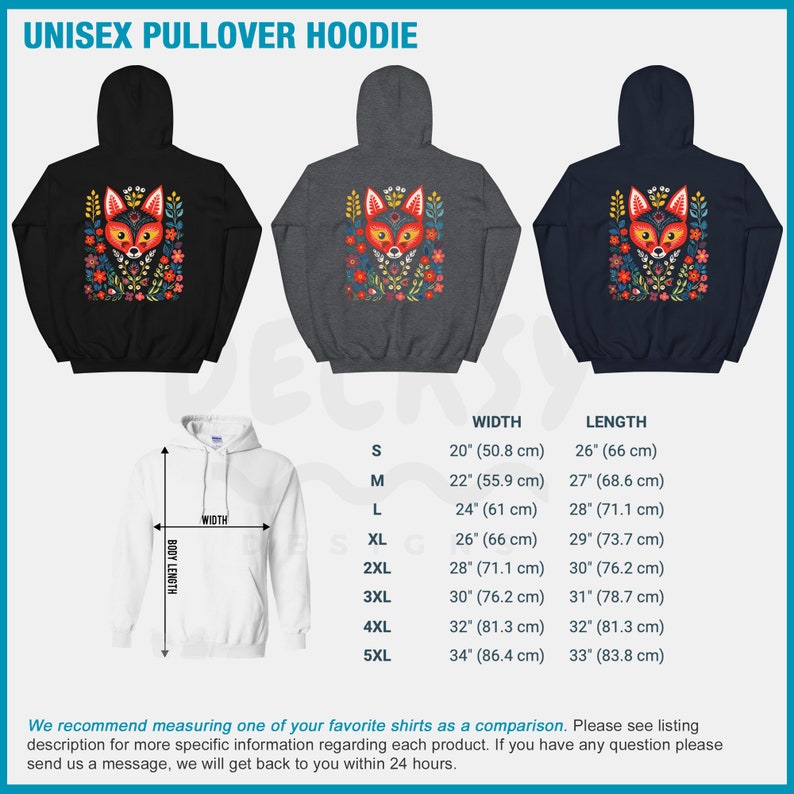 K&ouml;nnte beinhalten: Unisex-Pullover-Hoodie mit einem bunten Fuchs-Design auf der R&uuml;ckseite. Der Hoodie ist in Schwarz, Grau und Marineblau erh&auml;ltlich. Die Gr&ouml;&szlig;entabelle zeigt die Breite und L&auml;nge in Zoll und Zentimetern.