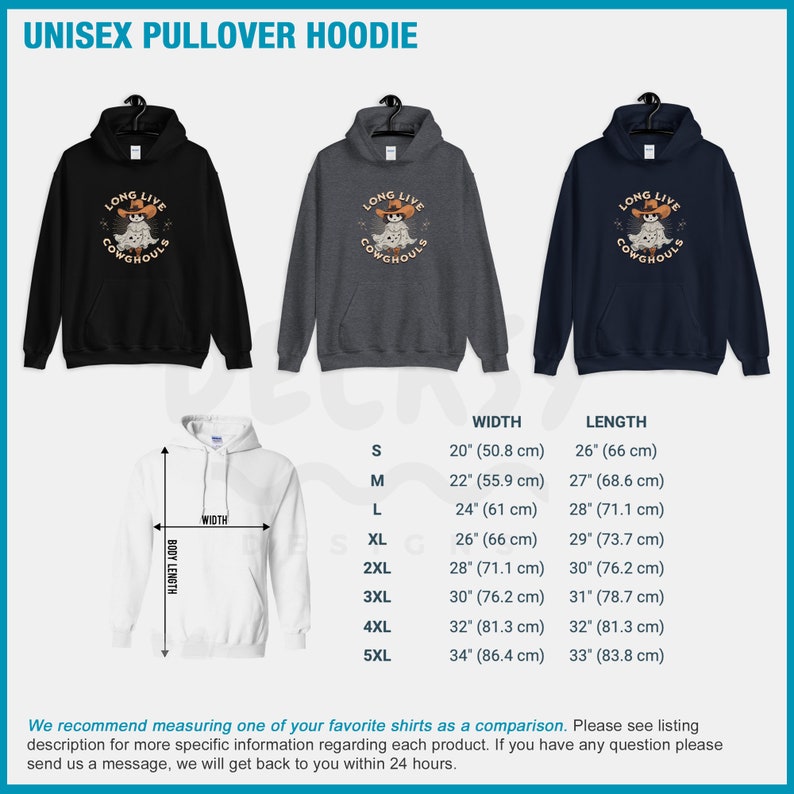 May include: Unisex pullover hoodies in black, charcoal gray, and navy blue, each featuring a graphic of a ghost wearing a cowboy hat with the text "LONG LIVE COWGHOULS." Size chart includes measurements from S to 5XL, with widths ranging from 20" to 34".