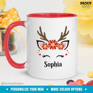 Reindeer Face Mug, Custom Christmas Mug, Personalised Reindeer Mug, Holiday Coffee Mug, Funny Xmas Mug, Gift for Grandchild, Name Coffee Cup image 1