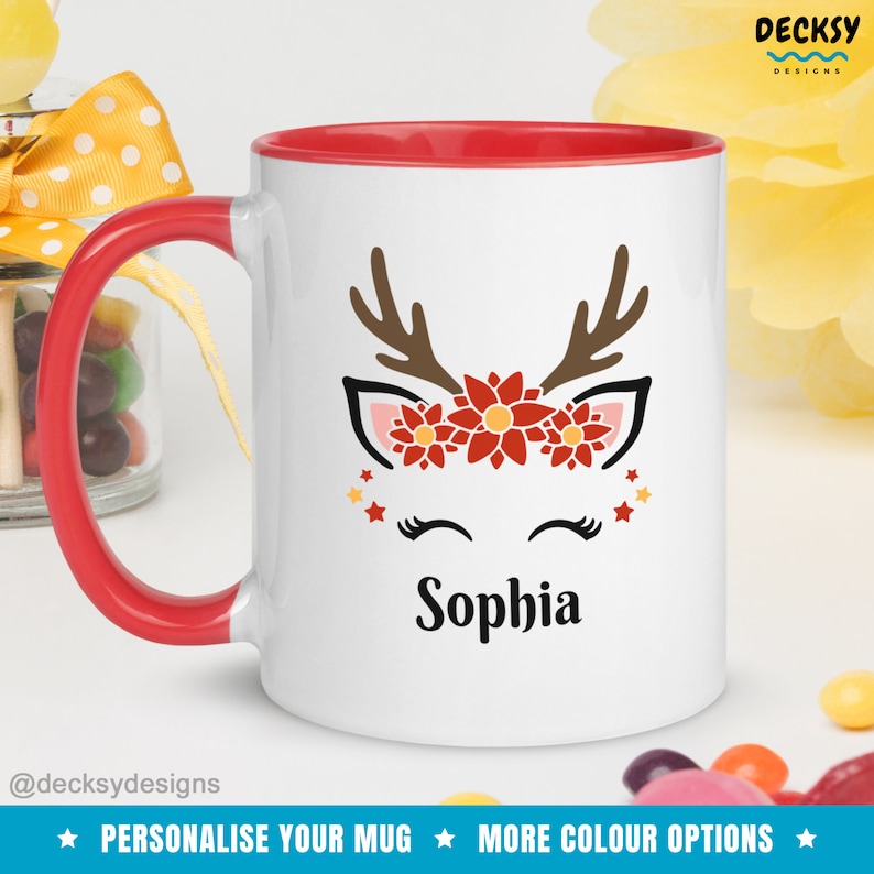 Reindeer Face Mug, Custom Christmas Mug, Personalised Reindeer Mug, Holiday Coffee Mug, Funny Xmas Mug, Gift for Grandchild, Name Coffee Cup image 1