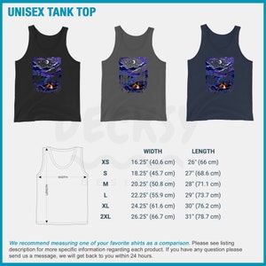 May include: A size chart for a unisex tank top with a graphic of a campfire and a moonlit sky. The chart shows the width and length measurements in inches and centimeters for sizes XS, S, M, L, XL, and 2XL.