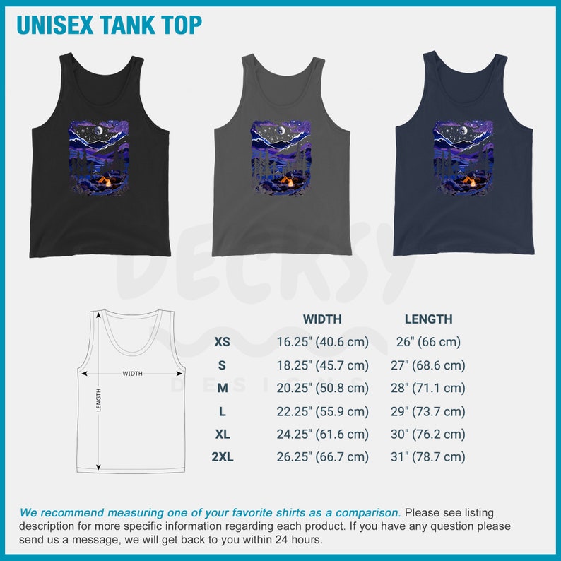 May include: A size chart for a unisex tank top with a graphic of a campfire and a moonlit sky. The chart shows the width and length measurements in inches and centimeters for sizes XS, S, M, L, XL, and 2XL.