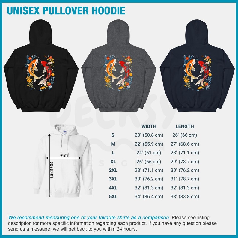 May include: Unisex pullover hoodie featuring a graphic of two koi fish swimming in a circle of flowers. The hoodie is available in black, dark grey, and navy blue. The size chart shows the width and length of the hoodie in inches and centimetres.
