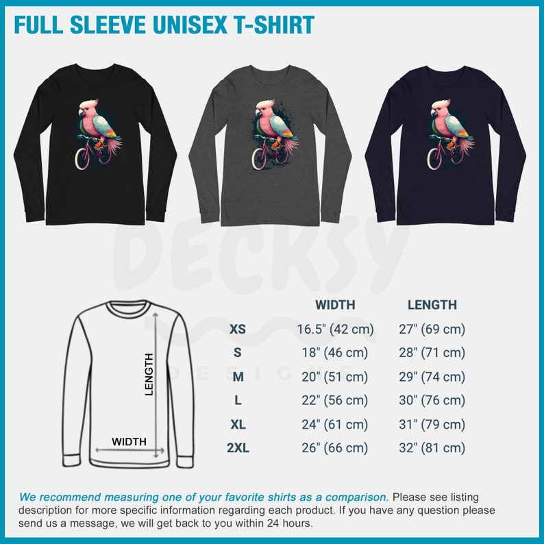 May include: A black, grey, and navy blue long-sleeved t-shirt with a pink cockatoo riding a bicycle graphic. The t-shirt is available in sizes XS-2XL. The size chart shows the width and length of the shirt in inches and centimeters.