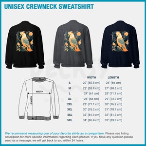 May include: A unisex crewneck sweatshirt with a colourful parrot design on the back. The sweatshirt is available in black, grey, and navy blue. The size chart shows the width and length of the sweatshirt in inches and centimetres.