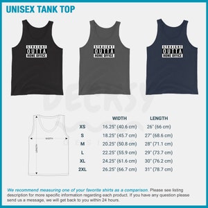 May include: A black, grey, and blue unisex tank top with the text "Straight Outta Home Office" printed on the front. The tank top is available in sizes XS to 2XL. The size chart shows the width and length of the tank top in inches and centimetres.