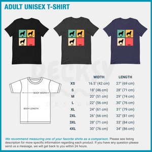 Op de afbeelding: Een unisex T-shirt in zwart, grijs melange en marineblauw met een retro-stijl grafische afbeelding van een hond met de woorden "Sit", "Fetch", "Come" en "Stay". Het T-shirt is verkrijgbaar in de maten XS-4XL. Een maattabel is inbegrepen met metingen in inches en centimeters.
