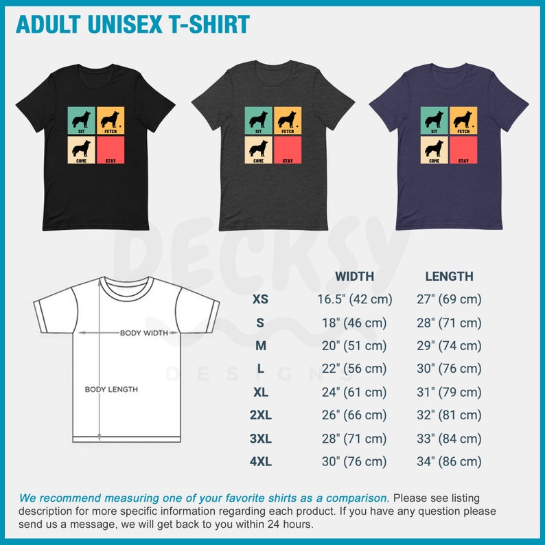 Op de afbeelding: Een unisex T-shirt in zwart, grijs melange en marineblauw met een retro-stijl grafische afbeelding van een hond met de woorden "Sit", "Fetch", "Come" en "Stay". Het T-shirt is verkrijgbaar in de maten XS-4XL. Een maattabel is inbegrepen met metingen in inches en centimeters.
