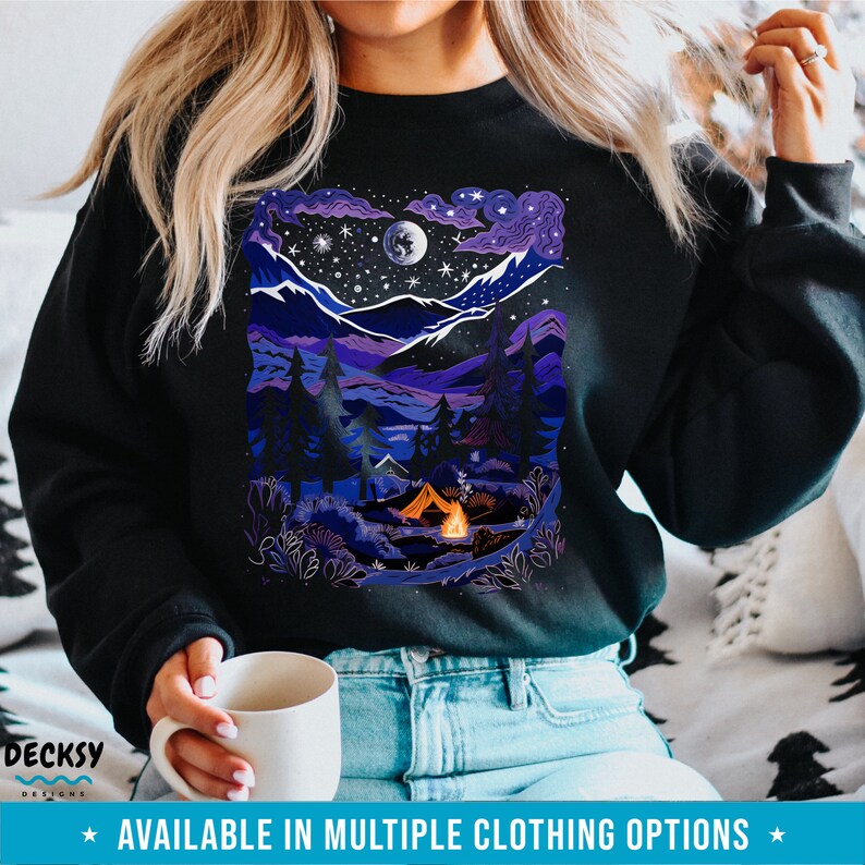 Outdoor Shirt Women, Mountain Camping, Night Sky Light, Adventure Sweatshirt, Campfire Hoodie, Family Camping Shirt, Nature Lover Camper Dad image 3