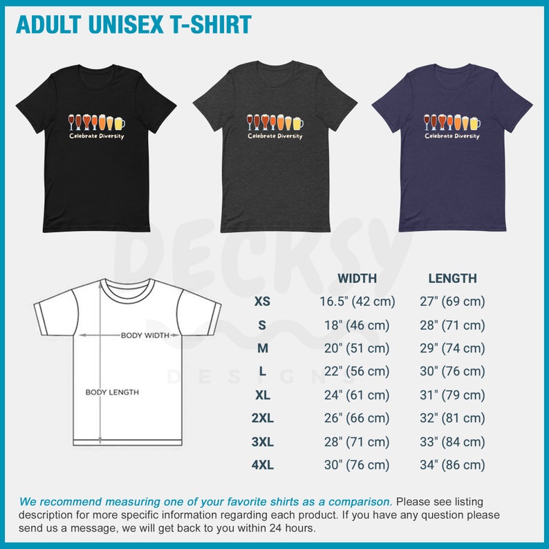 May include: Three adult unisex t-shirts in black, charcoal, and navy blue, each with a graphic of beer glasses and mugs, and the text "Celebrate Diversity." A size chart with measurements in cm is also included.