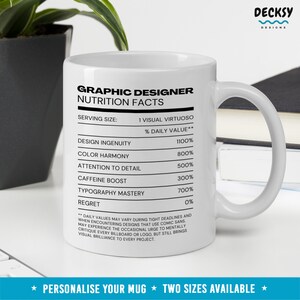 May include: White ceramic mug with a black graphic that reads "Graphic Designer Nutrition Facts" with a list of design skills and their percentage daily value. The mug has a black handle and the text "Personalise Your Mug Two Sizes Available" is printed at the bottom.