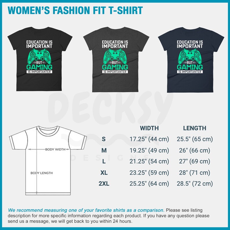 K&ouml;nnte beinhalten: Eine Gr&ouml;&szlig;entabelle f&uuml;r Damen-T-Shirts mit dem Text "Education is important but gaming is importanter" auf drei T-Shirts in verschiedenen Farben. Die Tabelle zeigt die Breite und L&auml;nge in Zoll und Zentimetern f&uuml;r die Gr&ouml;&szlig;en S, M, L, XL und 2XL.