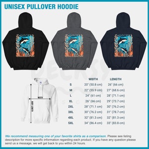 May include: A unisex pullover hoodie with a graphic of two orcas swimming in a kelp forest. The hoodie is available in black, gray, and navy blue. The size chart shows the width and length of the hoodie in inches and centimeters.