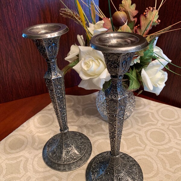 Antique Dutch Style Repousse Silver Plated Candlesticks made by Derby Silver Company with Bas Relief Scrollwork and Musicians