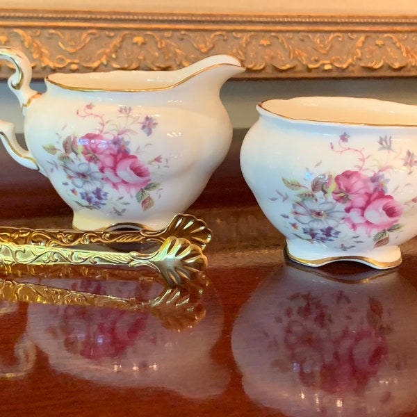 Vintage Bone China Creamer and Open Sugar Bowl Set with Sugar Tongs Shrewsbury by Coalport Made in England Floral with Gold Trim