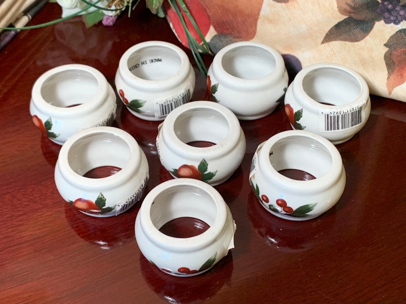 Ceramic Napkin Rings Apples and Cherries White with Green Trim 2 sets of 8 Available or a Single Replacement Country Farmhouse Fruit Decor image 6