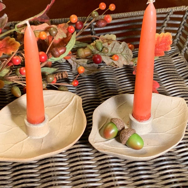 Vintage Vance Kitira Pottery Leaf Candleholders Autumn Decor Ceramic Bisque Candlestick Holders Thailand Hand Dipped Candles Set of 2