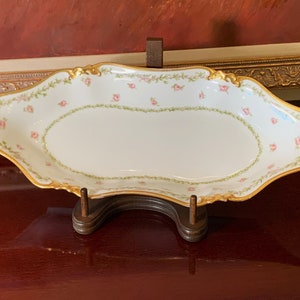 Antique Haviland Limoges Oblong Celery Dish Serving Bowl CH Field GDA France (Gerard, Dufraisseix & Abbot) circa 1900 Rose Buds Gold Trim