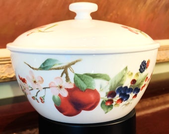 Porcelain Covered Casserole Dish Serving Bowl Lenox Orchard in Bloom by Catherine McClung Freezer to Oven to Table Microwave Dishwasher Safe