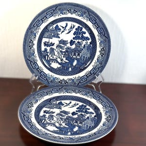 Vintage Churchill England Willow Blue Dishes Salad Dessert Plates 8&quot; Blue and White China Transferware Georgian Shape Smooth Edge