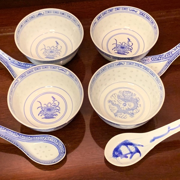 Vintage Chinese Porcelain Jingdezhen Rice Eye Rice Grain Bowls and Spoons Blue and White Chrysanthemum Lotus Flower, Dragon and Fish Motifs