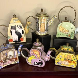 Miniature Vintage Tea Pots Enameled Brass Cloisonné Collectibles Kitty Cat Themes 6 Available - 2 Kelvin Chen, 1 Empress Arts LTD