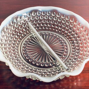 Vintage Anchor Hocking Hobnail Moonstone Clear Opalescent Divided Bowl 2 Part Relish Dish with Ruffled Edge Pressed Glass