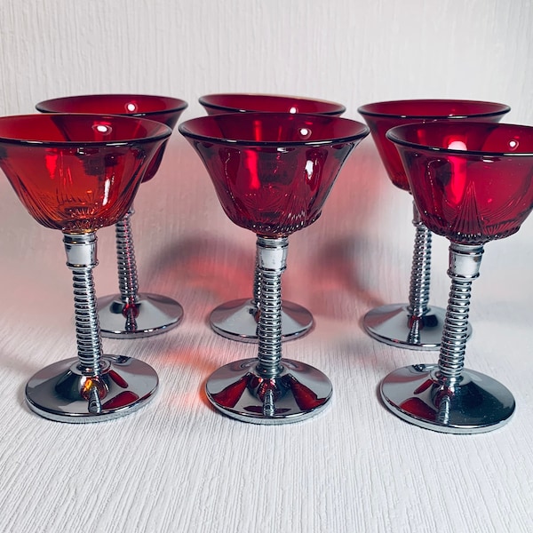 Six Art Deco Chrome and Ruby Red Crystal Glasses Vintage Keystonware Wine Cordial Cocktail Champagne Martini Glasses