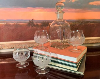 Vintage Whiskey Decanter and/or Large Toscany Clipper Ship Brandy Snifter Cognac Glasses Set of 4 Etched Crystal Nautical Beach Bar Decor