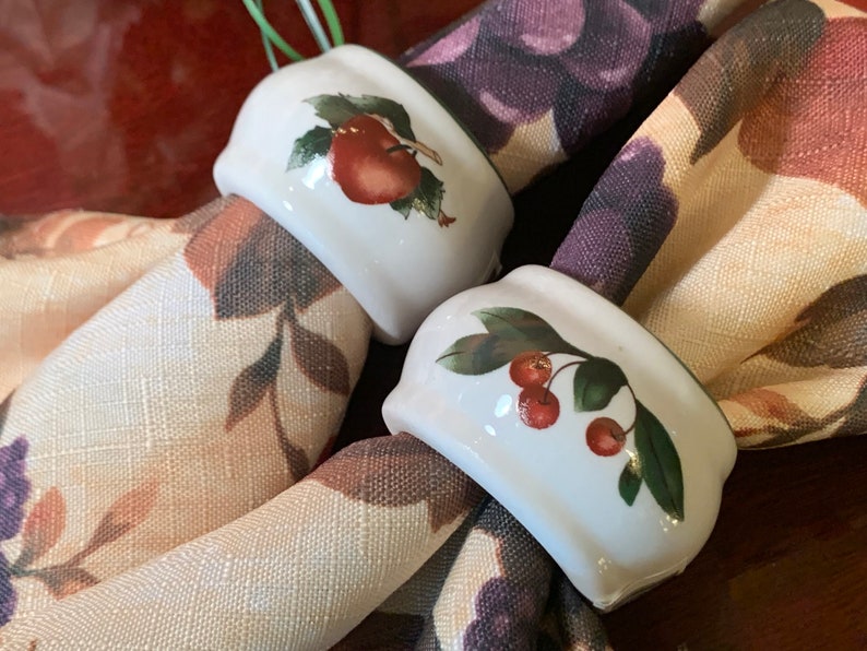 Ceramic Napkin Rings Apples and Cherries White with Green Trim 2 sets of 8 Available or a Single Replacement Country Farmhouse Fruit Decor image 3