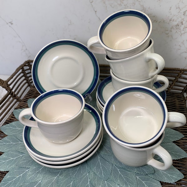 Vintage Pfaltzgraff Northwinds Cups and Saucers, Stoneware Dinnerware with Blue and Green Bands 1990s