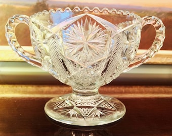 Antique EAPG Glass Compote: Star and File Pattern, Double Handle Bowl