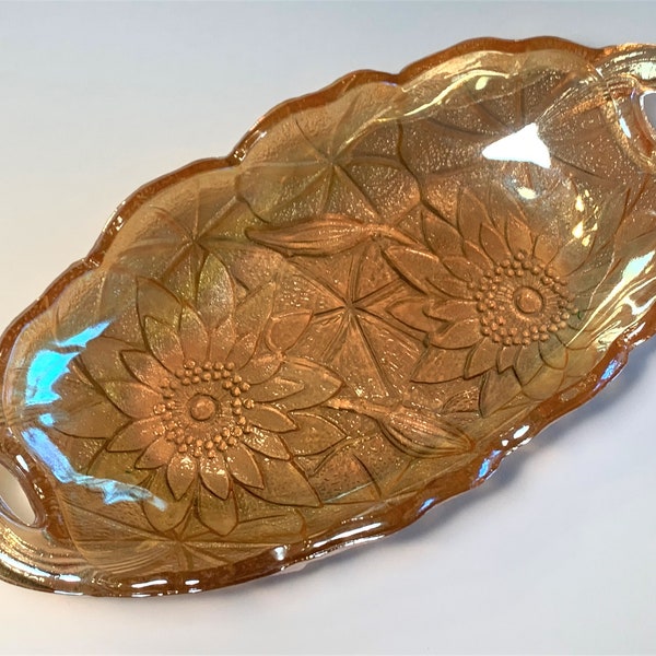 Vintage Indiana Glass Lily Pons Amber Gold Depression Glass Oblong Relish/Pickle Dish with Handles Lotus Flower Water Lilies Lily Pads