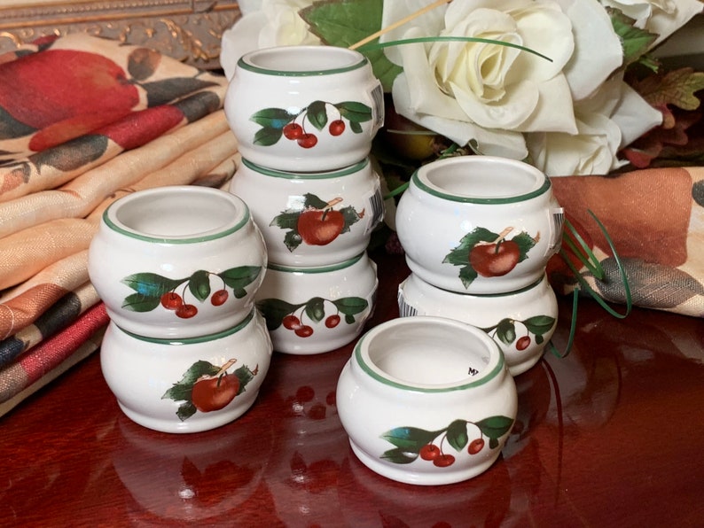 Ceramic Napkin Rings Apples and Cherries White with Green Trim 2 sets of 8 Available or a Single Replacement Country Farmhouse Fruit Decor image 4