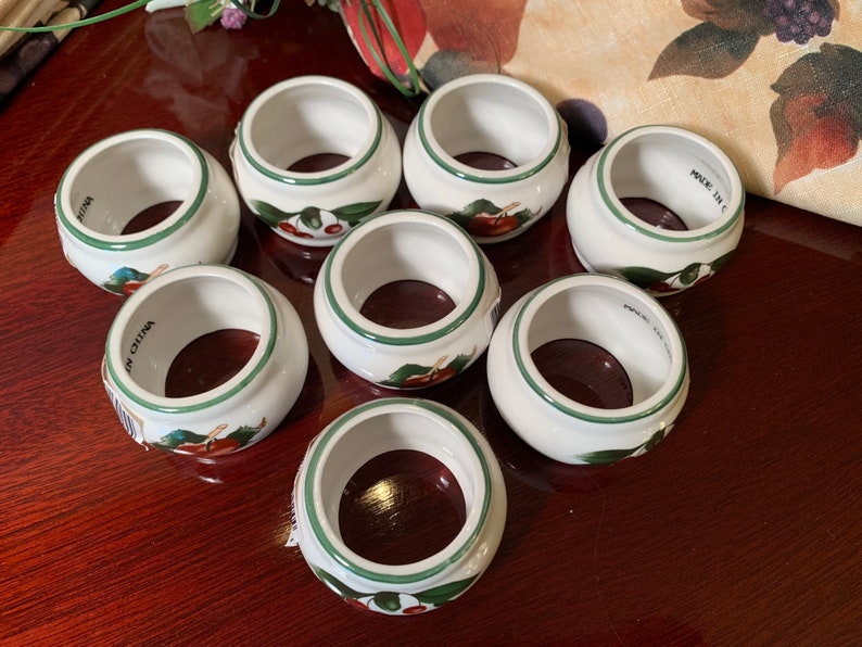 Ceramic Napkin Rings Apples and Cherries White with Green Trim 2 sets of 8 Available or a Single Replacement Country Farmhouse Fruit Decor image 5