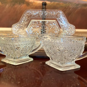 Vintage Indiana Glass Sandwich Clear Creamer and Open Sugar Bowl with Handled Tray Underplate Diamond Shape Pressed Glass Depression Glass