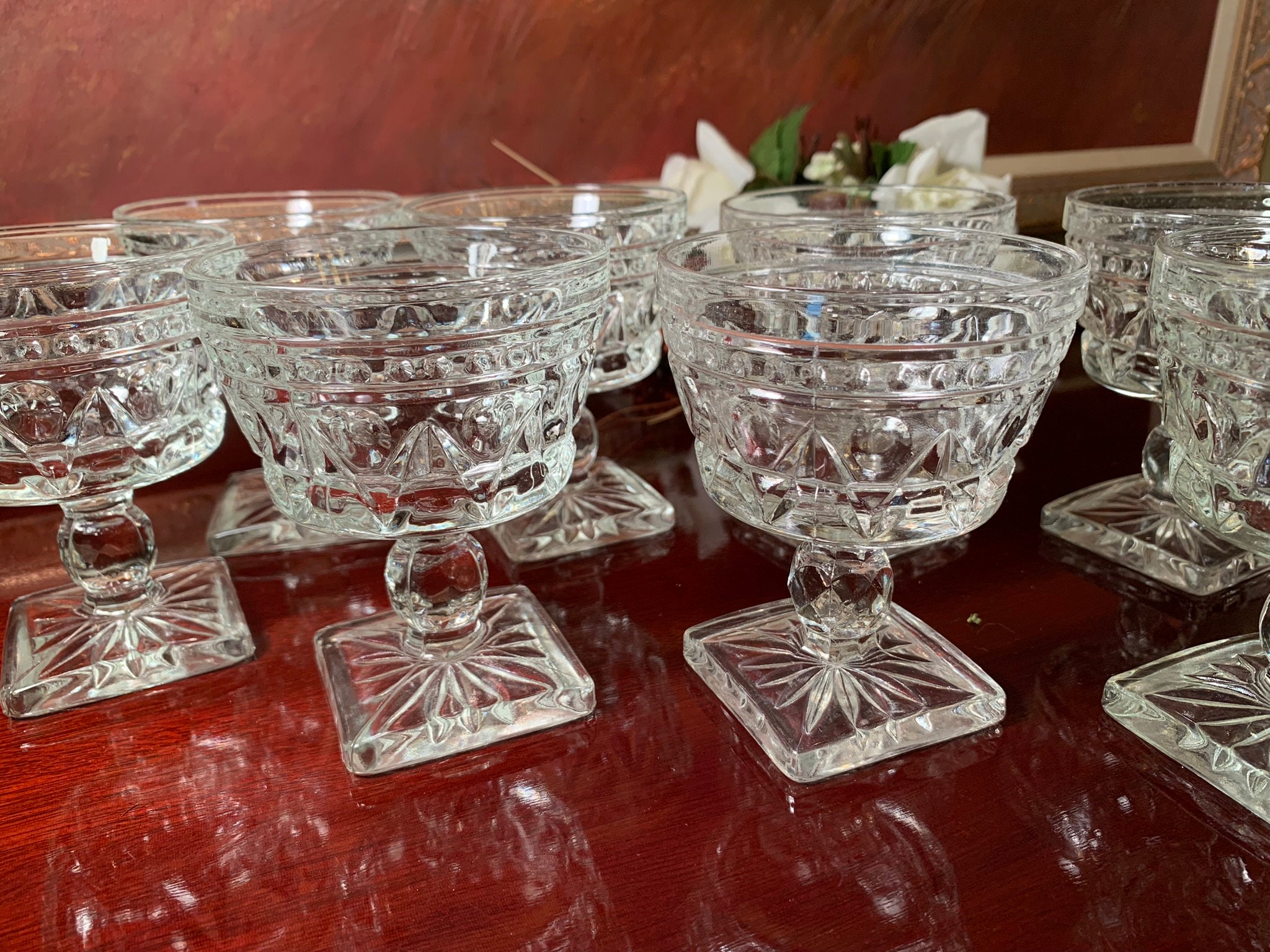 Set of 6 Vintage Short Pedestal Stem Clear Glass Dessert Sherbet - Ruby Lane