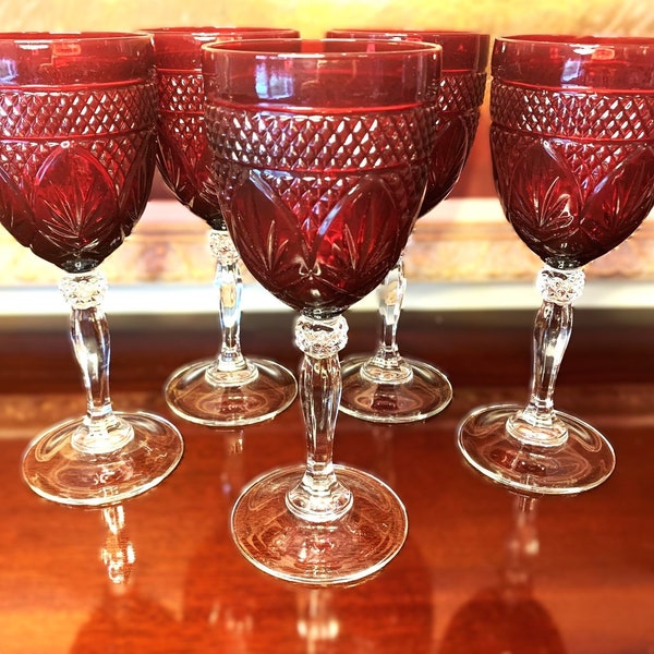 Vintage "Antique Ruby" Wine Glasses Water Goblets by Cristal d'Arques - Durand Pressed Cut Ruby Red Bowl with Clear Stem - 5 Available