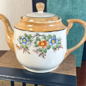 Vintage Lusterware Japan Floral Porcelain Teapot Iridescent Peach Luster with Hand Painted Flowers 1930s