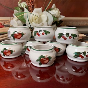 Ceramic Napkin Rings Apples and Cherries White with Green Trim 2 sets of 8 Available or a Single Replacement Country Farmhouse Fruit Decor image 1