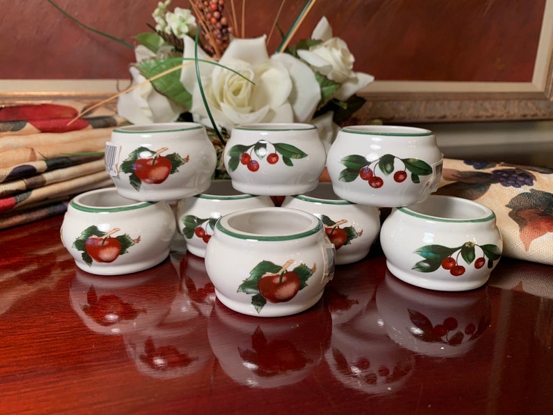 Ceramic Napkin Rings Apples and Cherries White with Green Trim 2 sets of 8 Available or a Single Replacement Country Farmhouse Fruit Decor image 1