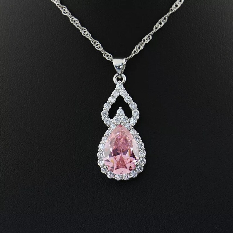 Homemade jewelry Jewellery Gift Idea Gift Jewelry for Her. Big Pear Pink Zircon Silver Tone Earrings or Earrings and Necklaces Combo