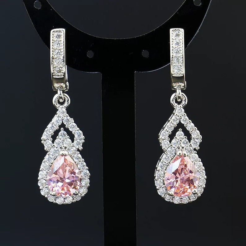 Homemade jewelry Jewellery Gift Idea Gift Jewelry for Her. Big Pear Pink Zircon Silver Tone Earrings or Earrings and Necklaces Combo