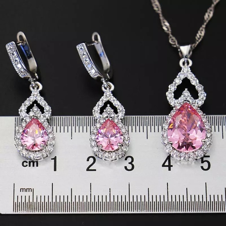 Homemade jewelry Jewellery Gift Idea Gift Jewelry for Her. Big Pear Pink Zircon Silver Tone Earrings or Earrings and Necklaces Combo