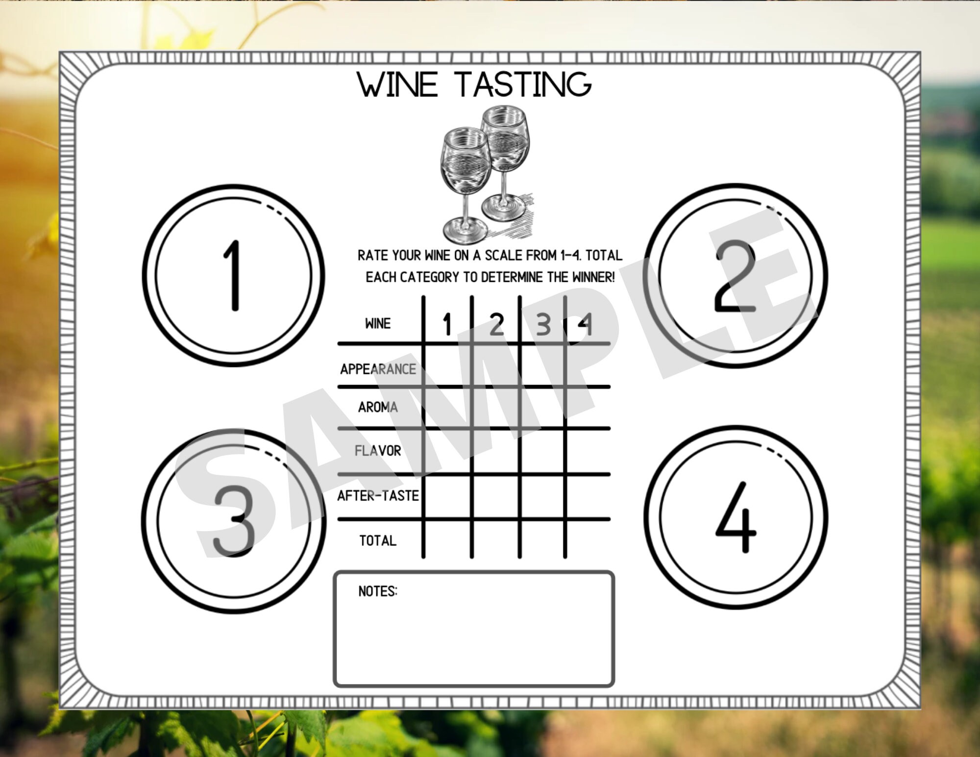 WINE Tasting Flight Placemat - Printable Wine Tasting Scorecard - Wine ...