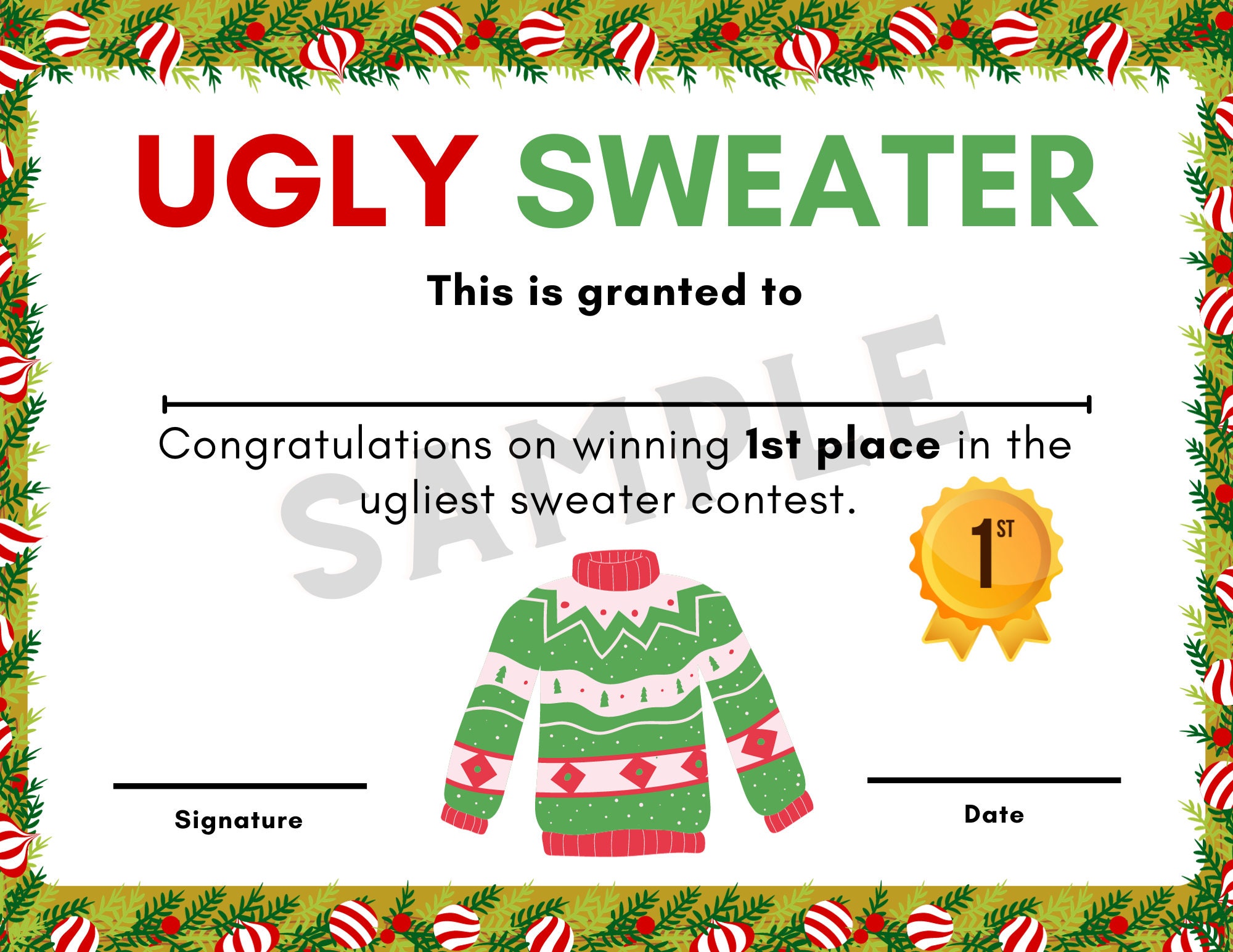 EDITABLE Ugly Sweater Certificate Christmas Sweater Certificate ...